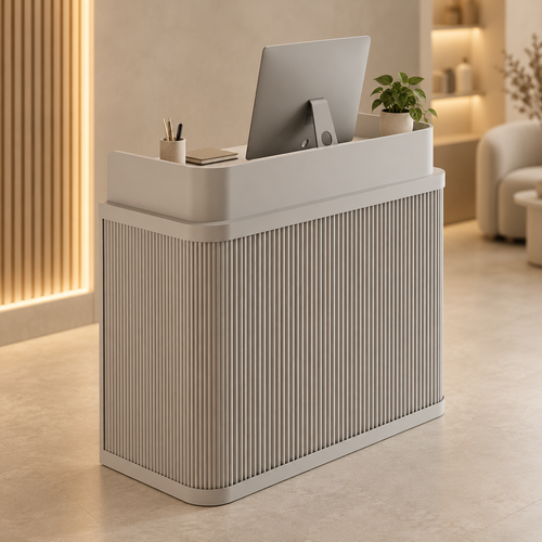 Curved Fluted Reception Counter in Nine Colours in a commercial reception setting
