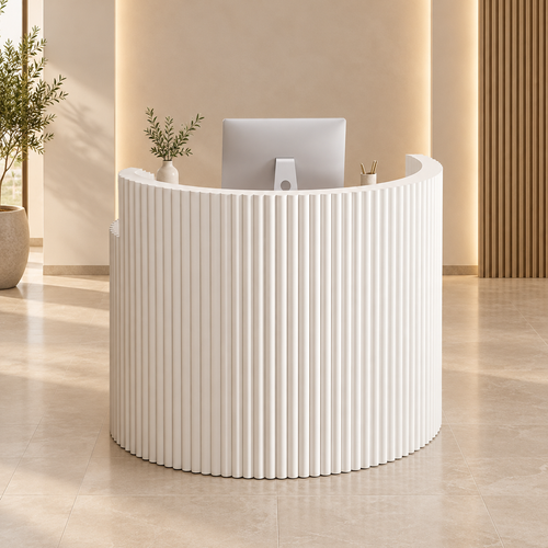 Curved Fluted Reception Counter with Lockable Storage in a commercial reception setting