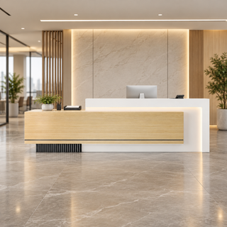 Layered Reception Counter with LED Lighting and Storage in a commercial reception setting