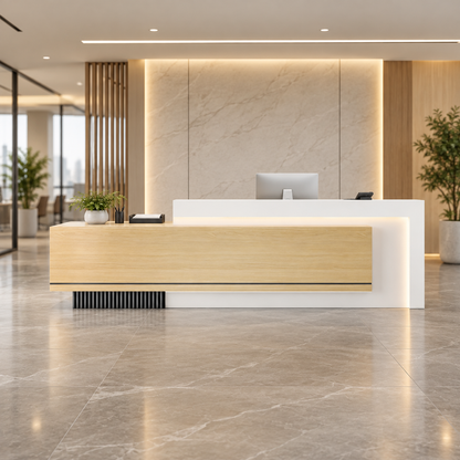Layered Reception Counter with LED Lighting and Storage in a commercial reception setting
