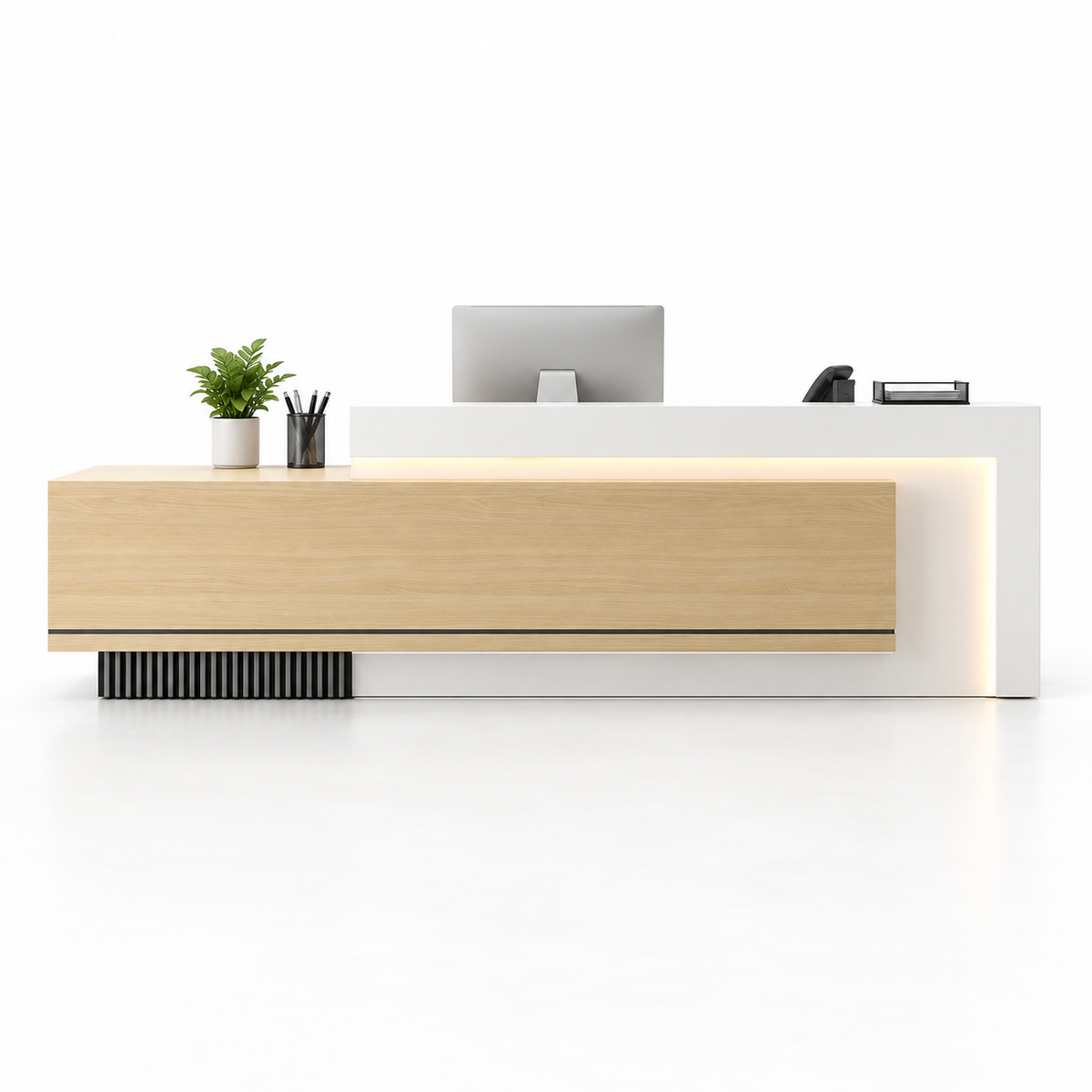 Layered Reception Counter with LED Lighting and Storage — Natural + White