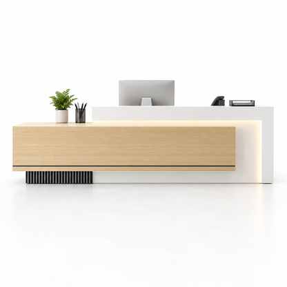 Layered Reception Counter with LED Lighting and Storage — Natural + White