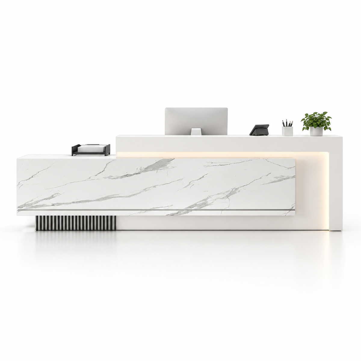 Layered Reception Counter with LED Lighting and Storage — White Marble-Look + White
