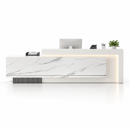Layered Reception Counter with LED Lighting and Storage — White Marble-Look + White