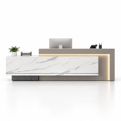 Layered Reception Counter with LED Lighting and Storage — White Marble-Look + Grey