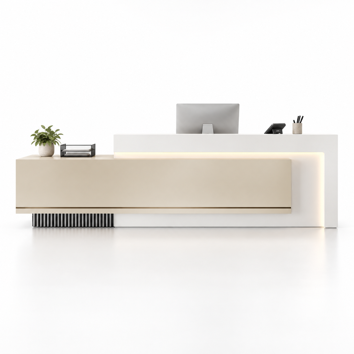 Layered Reception Counter with LED Lighting and Storage — Khaki + White