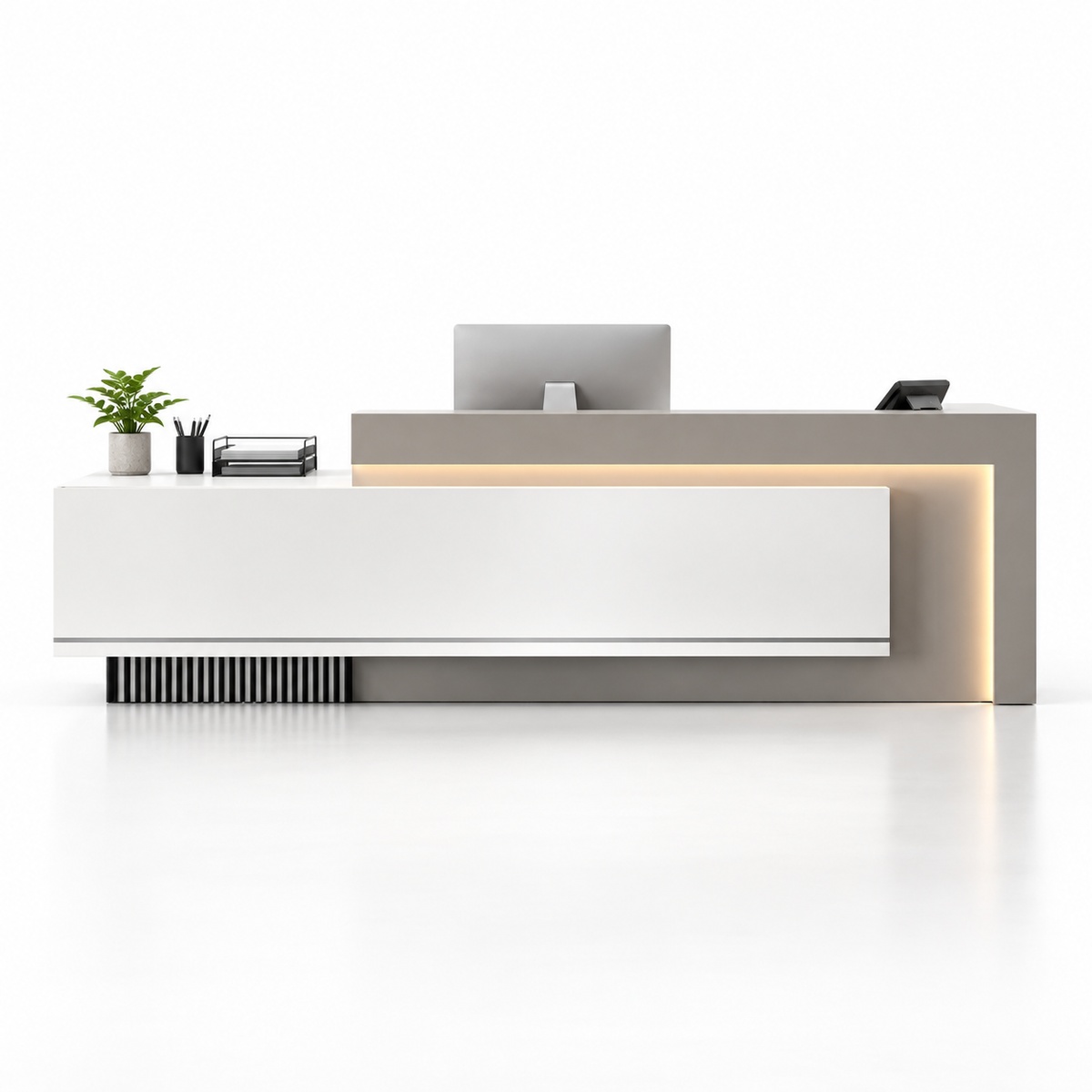Layered Reception Counter with LED Lighting and Storage — White + Grey
