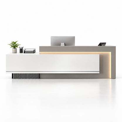Layered Reception Counter with LED Lighting and Storage — White + Grey