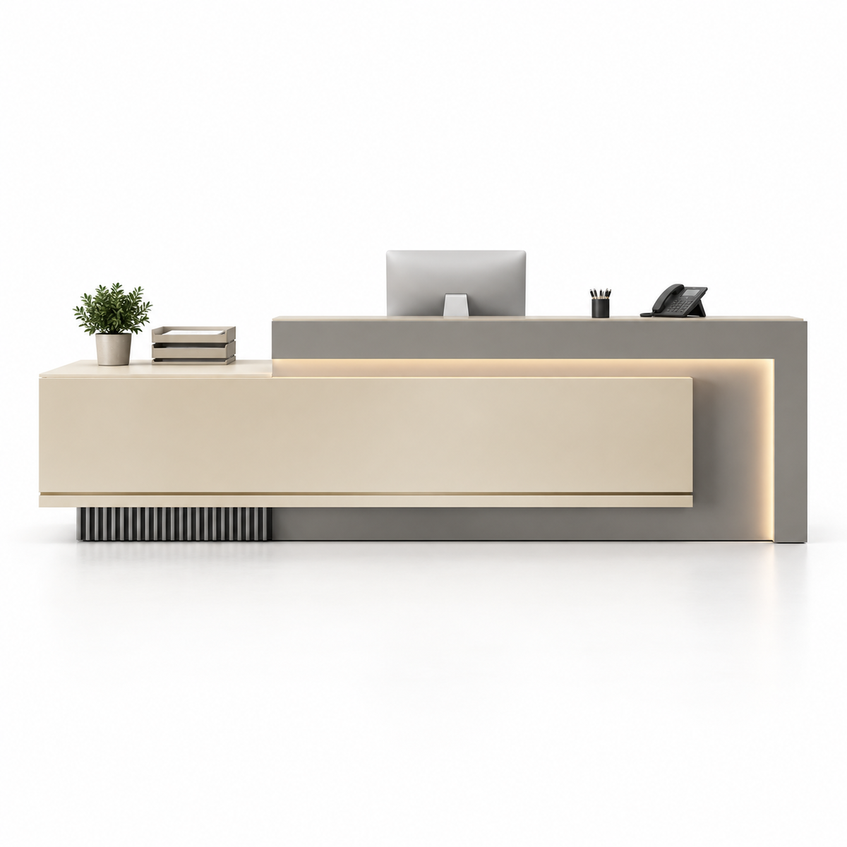 Layered Reception Counter with LED Lighting and Storage — Khaki + Grey