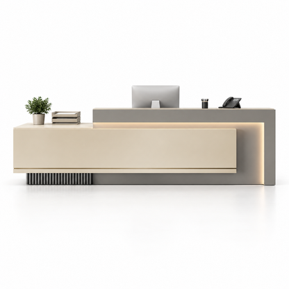Layered Reception Counter with LED Lighting and Storage — Khaki + Grey