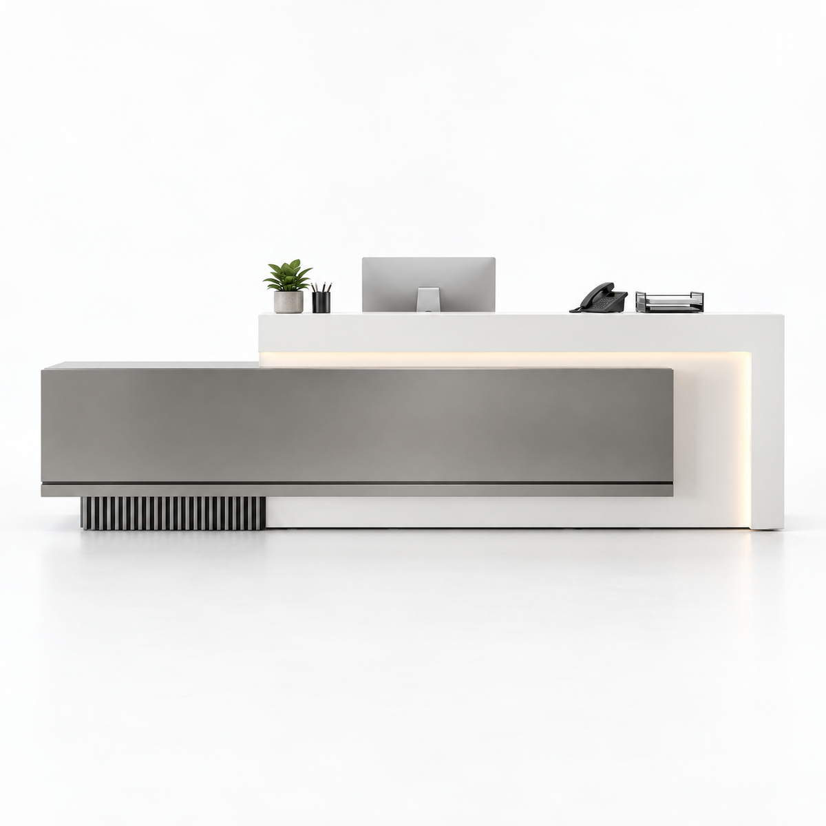 Layered Reception Counter with LED Lighting and Storage — Grey + White