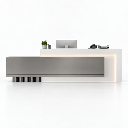 Layered Reception Counter with LED Lighting and Storage — Grey + White