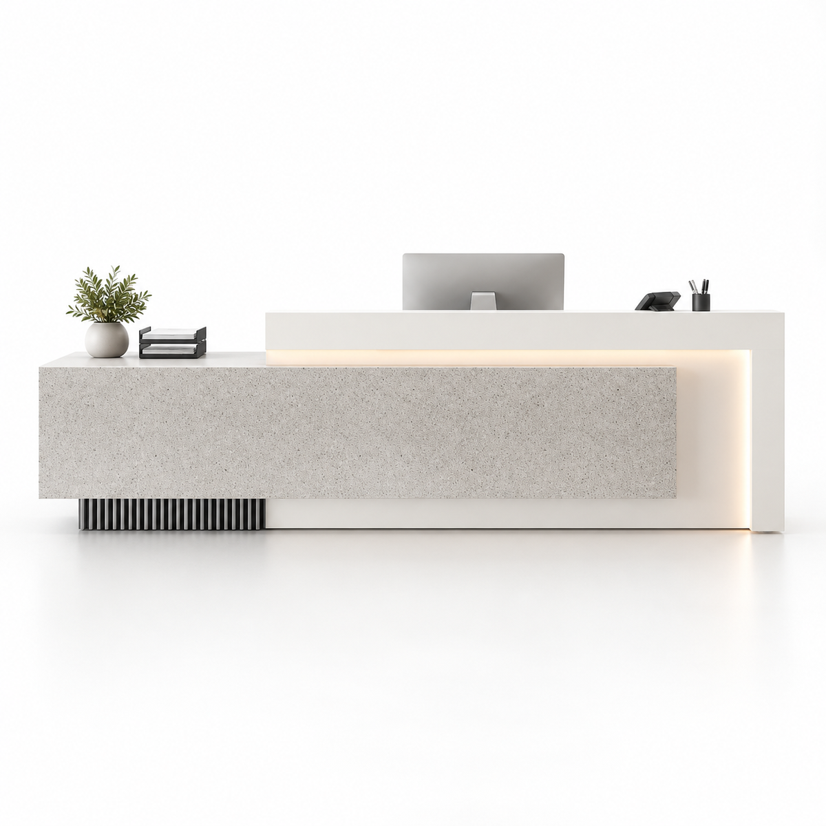 Layered Reception Counter with LED Lighting and Storage — Grey Terrazzo-Look + White
