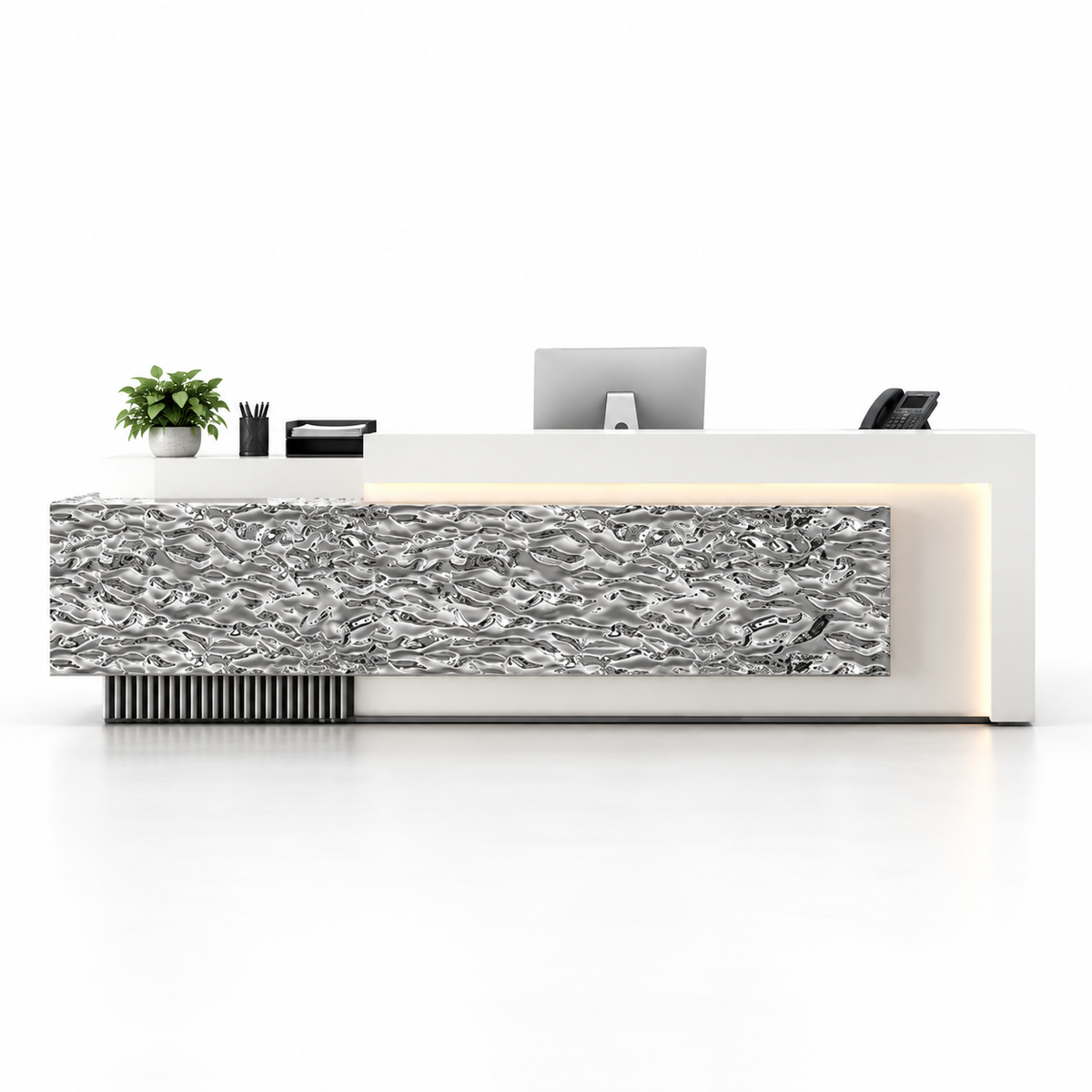 Layered Reception Counter with LED Lighting and Storage — Grey Ripple-Look + White