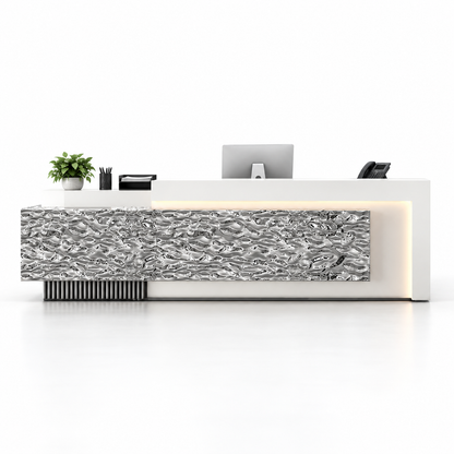 Layered Reception Counter with LED Lighting and Storage — Grey Ripple-Look + White