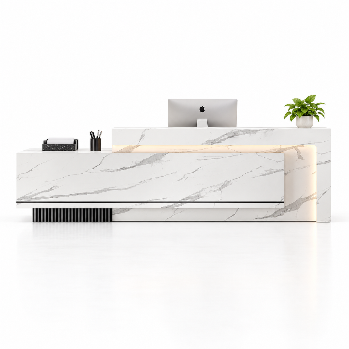 Layered Reception Counter with LED Lighting and Storage — White Marble-Look
