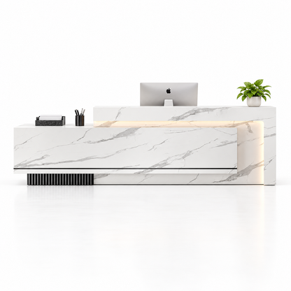 Layered Reception Counter with LED Lighting and Storage — White Marble-Look