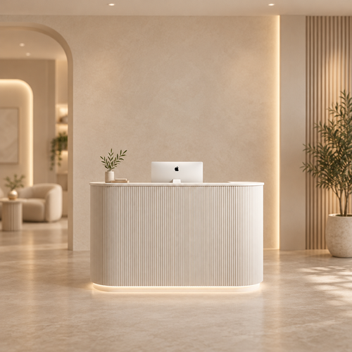 Curved Fluted Reception Counter with LED Base Lighting in a modern commercial interior
