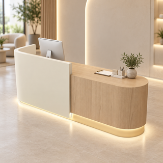 Rounded Two-Tone Reception Counter with Lockable Storage in a modern commercial interior