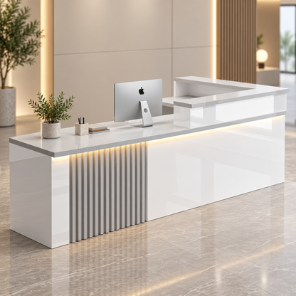 L-Shaped Reception Counter with Slatted Feature Panel and LED Lighting in a modern commercial interior