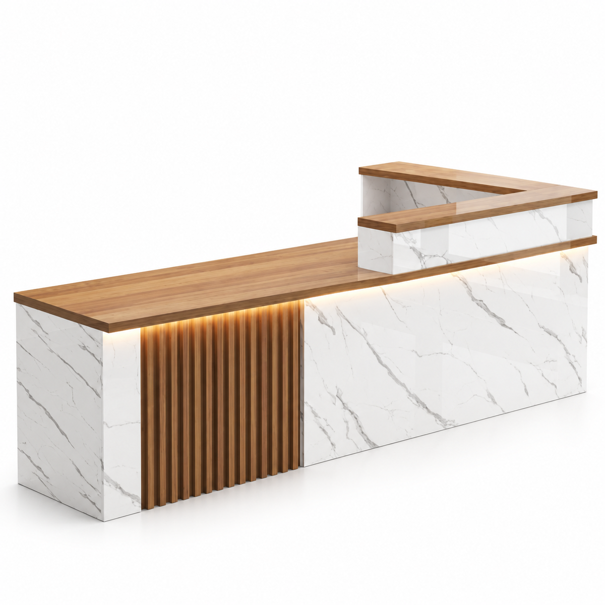 L-Shaped Reception Counter with Slatted Feature Panel and LED Lighting finish option 3