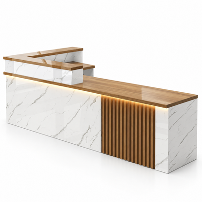 L-Shaped Reception Counter with Slatted Feature Panel and LED Lighting finish option 4