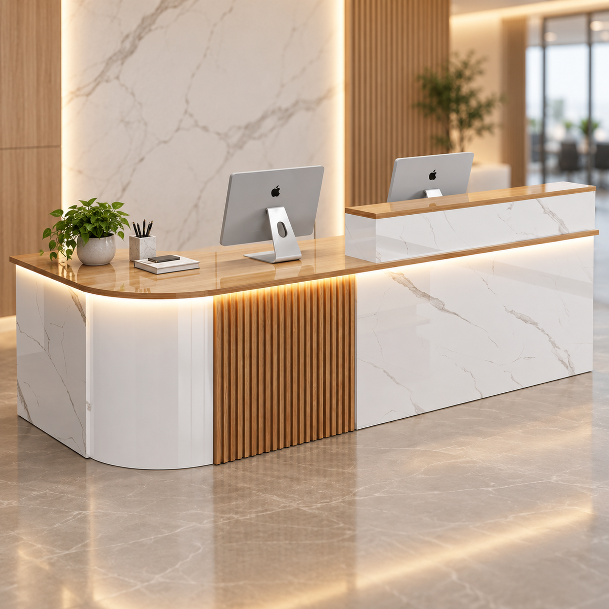 Large L-Shaped Reception Counter with Curved Return and LED Lighting in a commercial reception setting