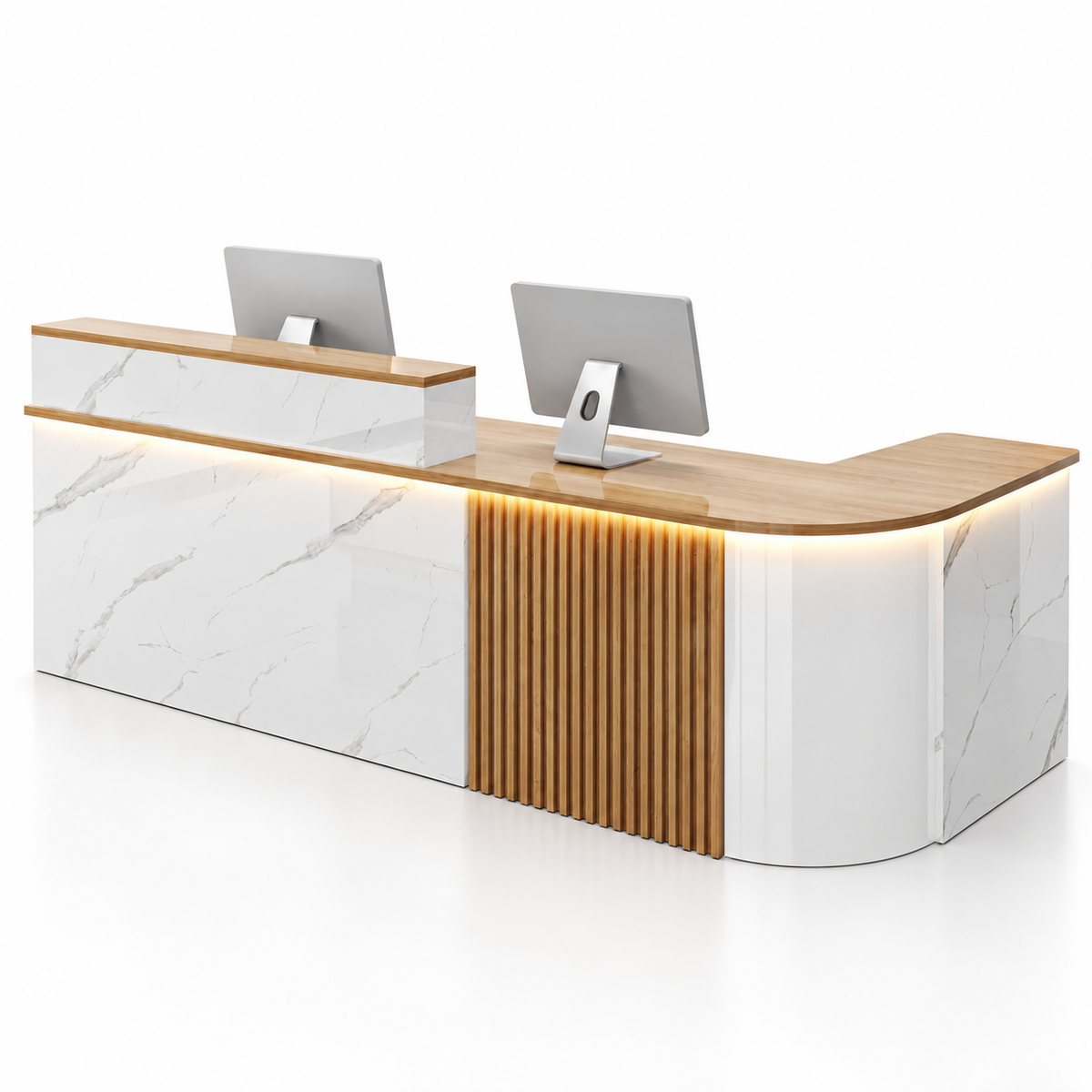 Large L-Shaped Reception Counter with Curved Return and LED Lighting — White Marble-Look + Maple, Right Type