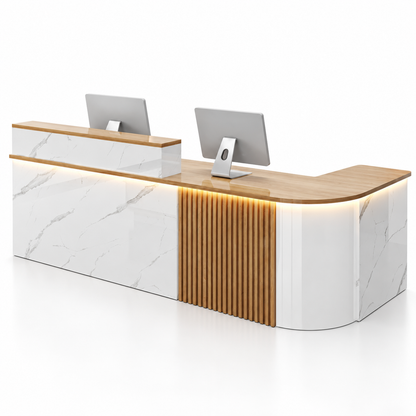 Large L-Shaped Reception Counter with Curved Return and LED Lighting — White Marble-Look + Maple, Right Type