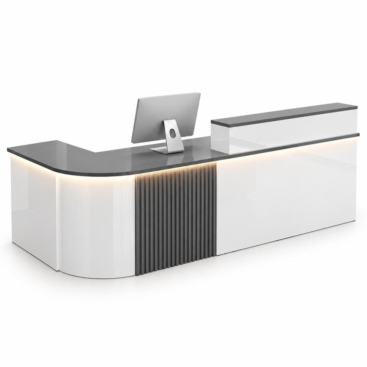 Large L-Shaped Reception Counter with Curved Return and LED Lighting — White + Iron Grey, Left Type