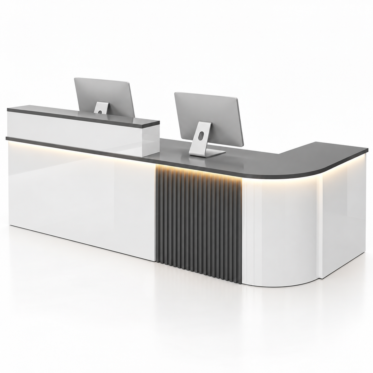 Large L-Shaped Reception Counter with Curved Return and LED Lighting — White + Iron Grey, Right Type