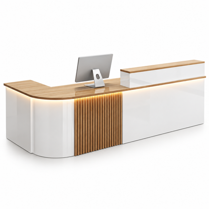 Large L-Shaped Reception Counter with Curved Return and LED Lighting — White + Teak, Left Type