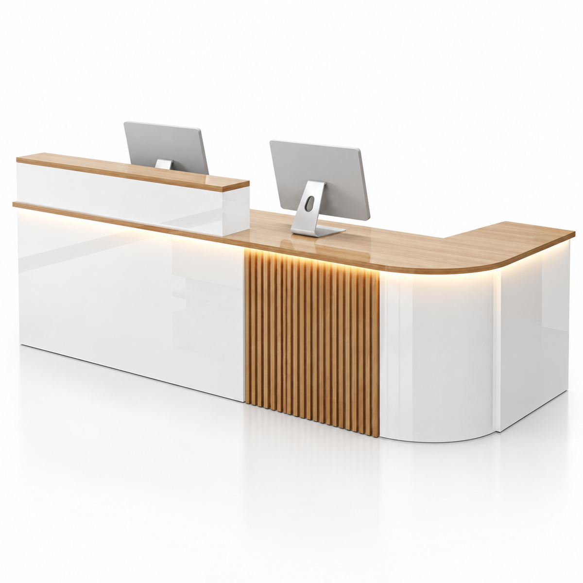 Large L-Shaped Reception Counter with Curved Return and LED Lighting — White + Teak, Right Type