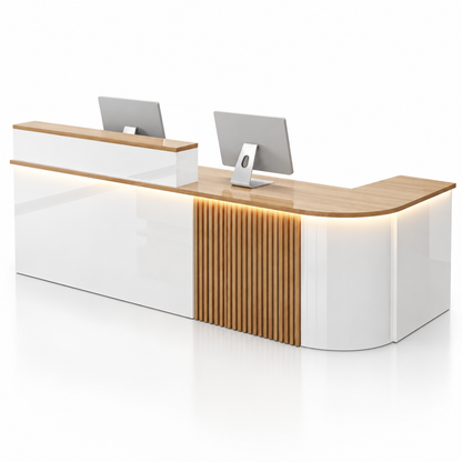 Large L-Shaped Reception Counter with Curved Return and LED Lighting — White + Teak, Right Type