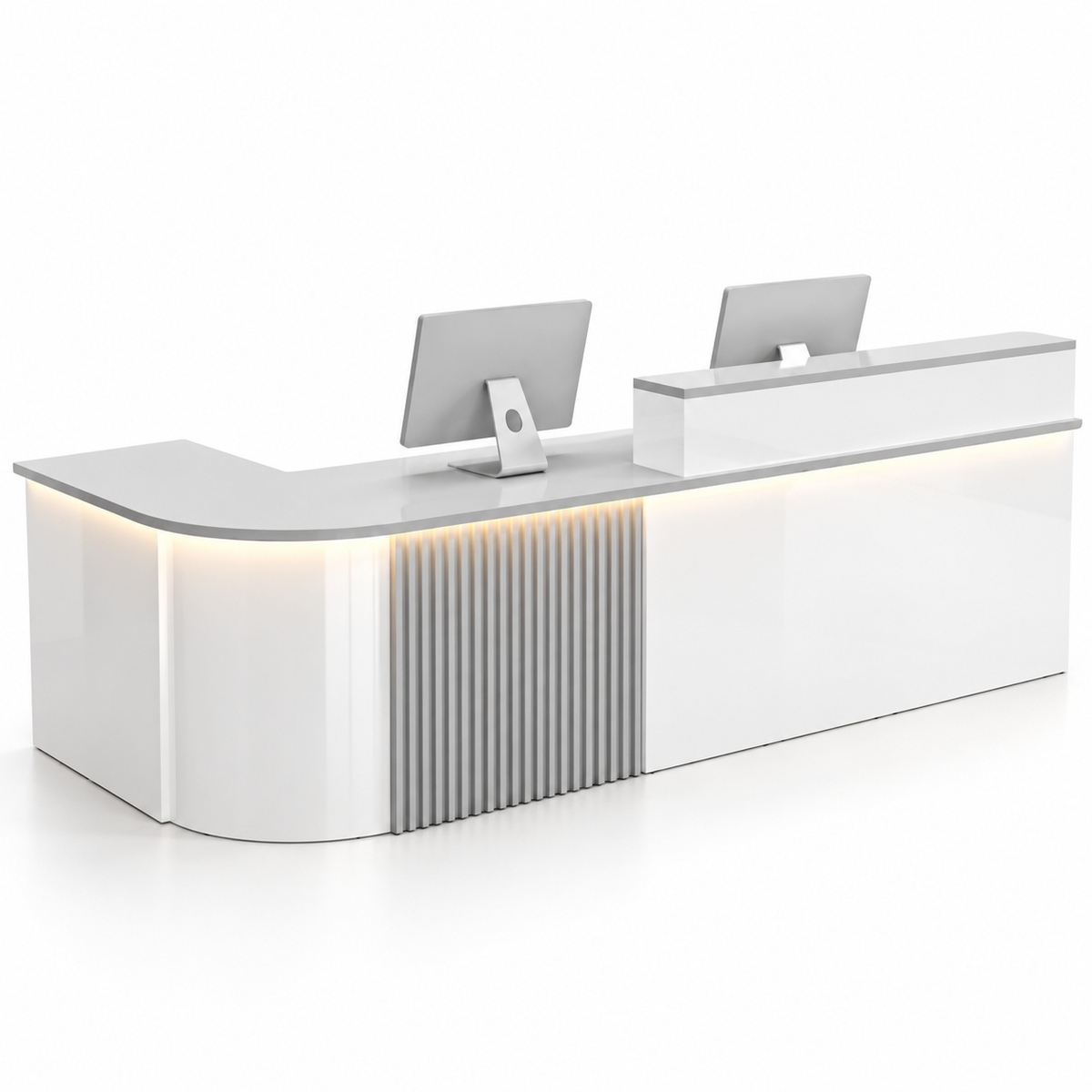 Large L-Shaped Reception Counter with Curved Return and LED Lighting — White + Grey, Left Type