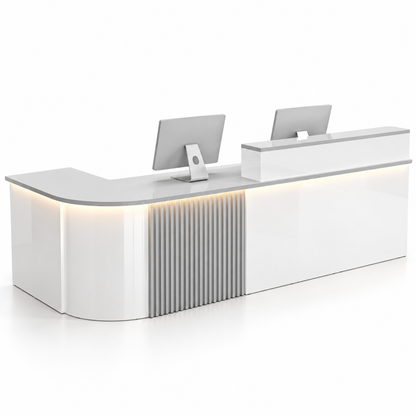 Large L-Shaped Reception Counter with Curved Return and LED Lighting — White + Grey, Left Type