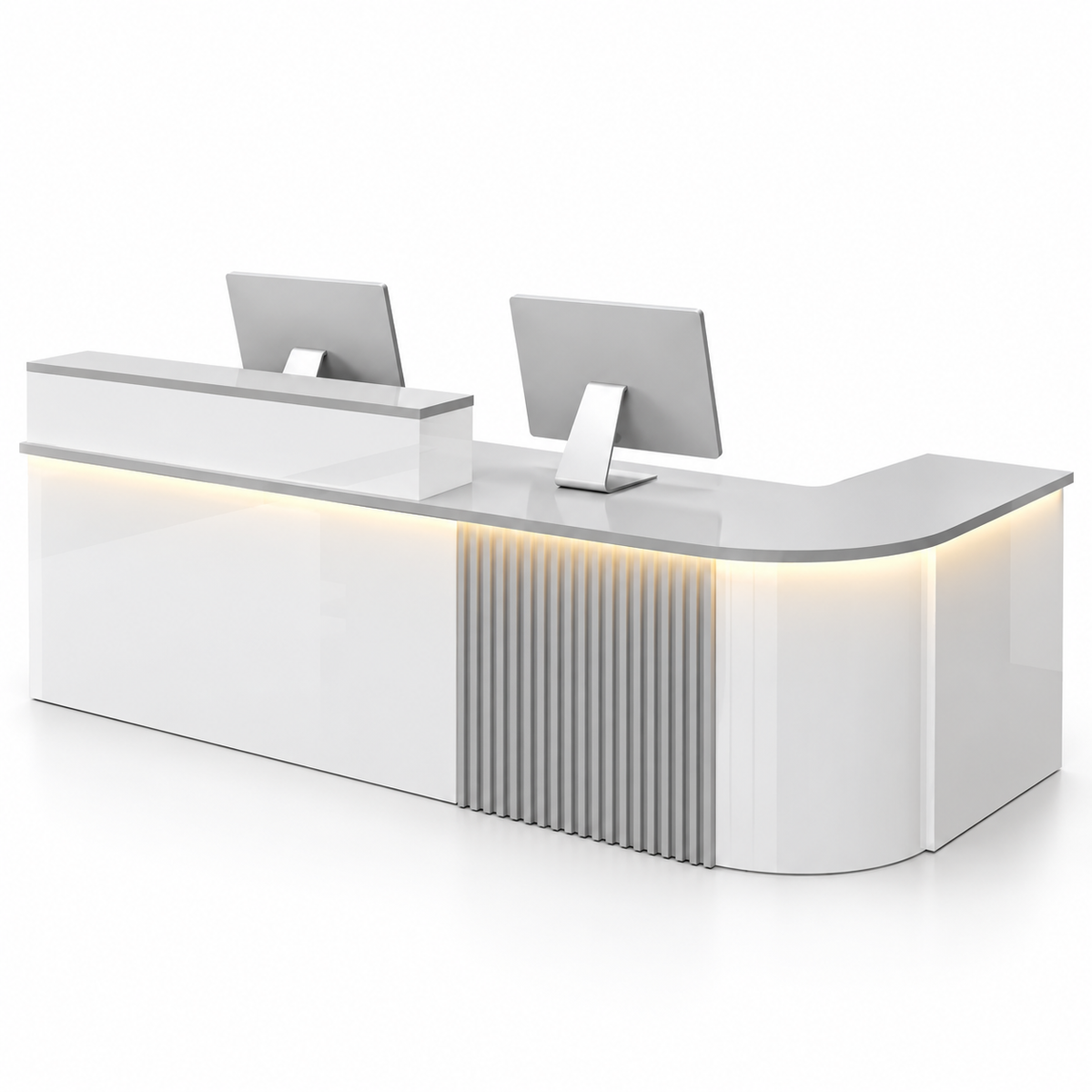 Large L-Shaped Reception Counter with Curved Return and LED Lighting — White + Grey, Right Type
