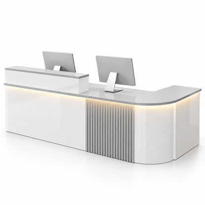 Large L-Shaped Reception Counter with Curved Return and LED Lighting — White + Grey, Right Type