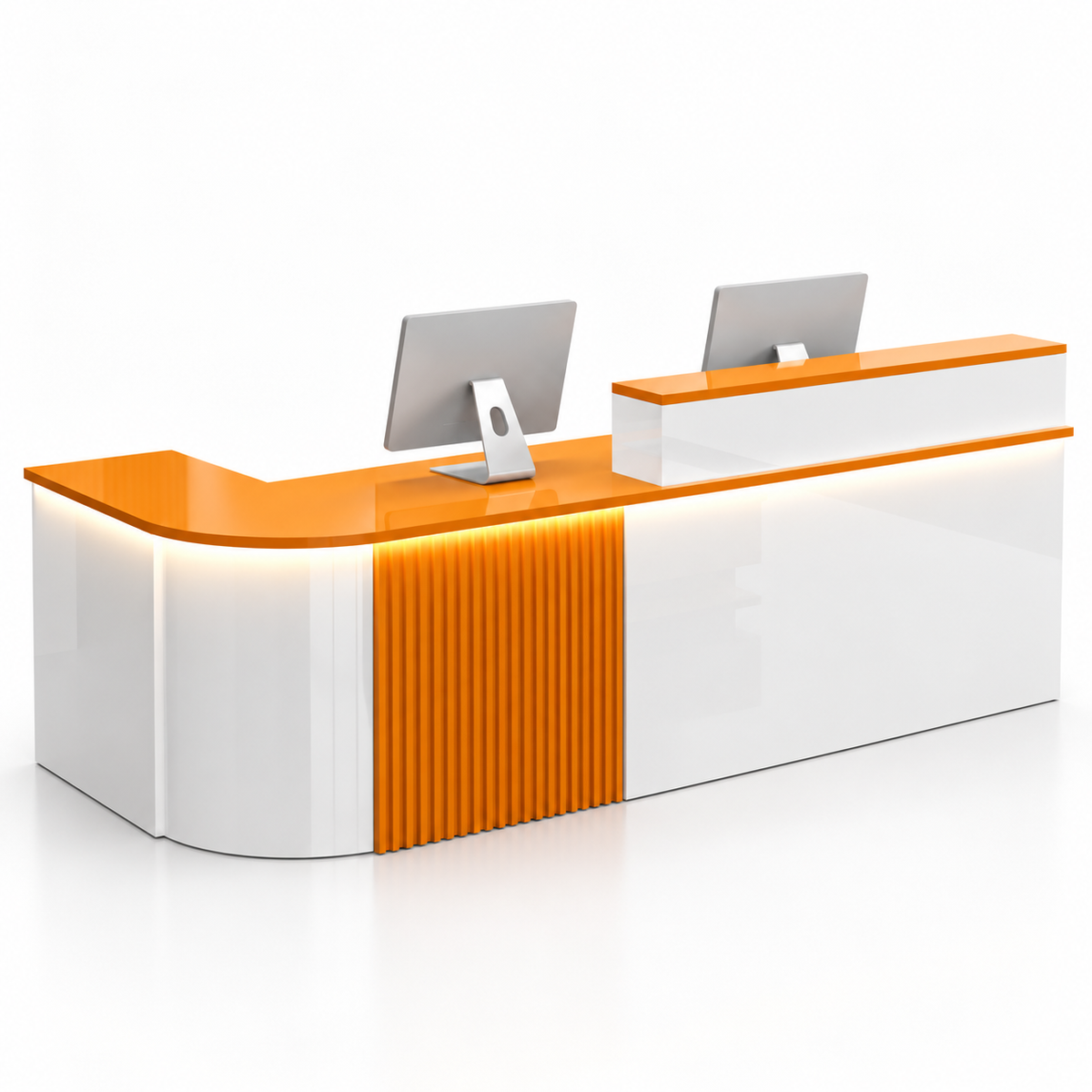 Large L-Shaped Reception Counter with Curved Return and LED Lighting — White + Orange, Left Type