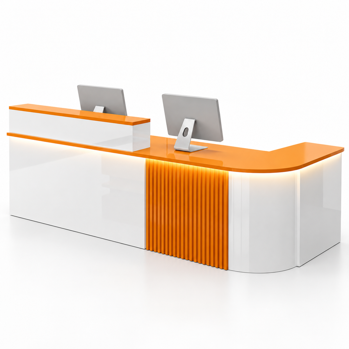 Large L-Shaped Reception Counter with Curved Return and LED Lighting — White + Orange, Right Type