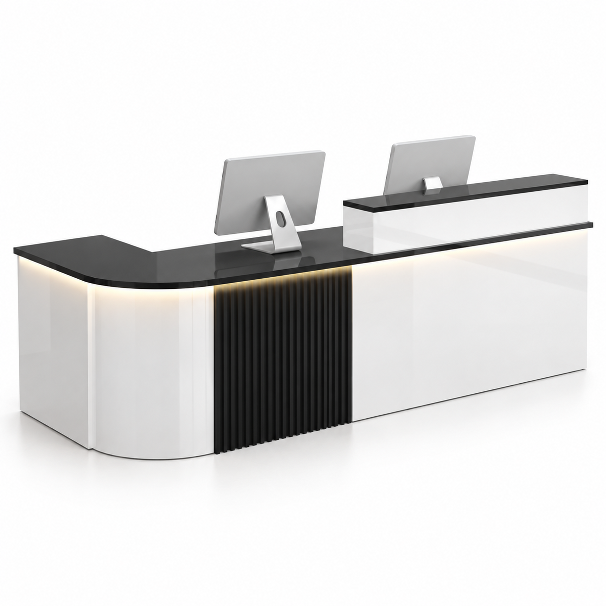 Large L-Shaped Reception Counter with Curved Return and LED Lighting — White + Black, Left Type