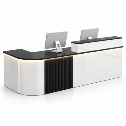 Large L-Shaped Reception Counter with Curved Return and LED Lighting — White + Black, Left Type