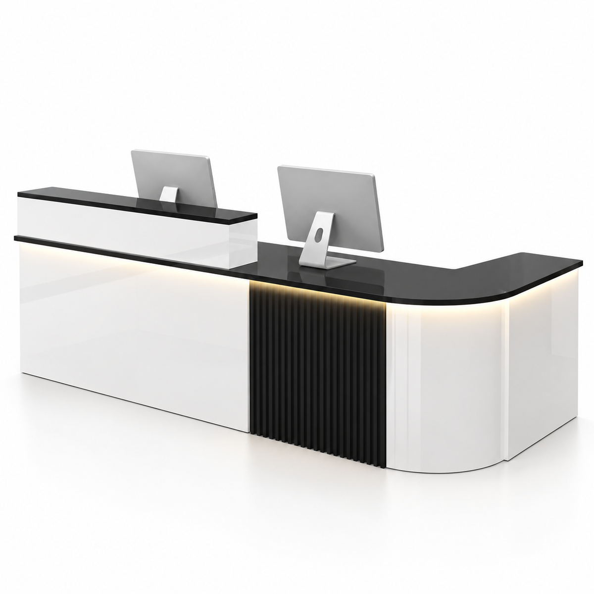 Large L-Shaped Reception Counter with Curved Return and LED Lighting — White + Black, Right Type