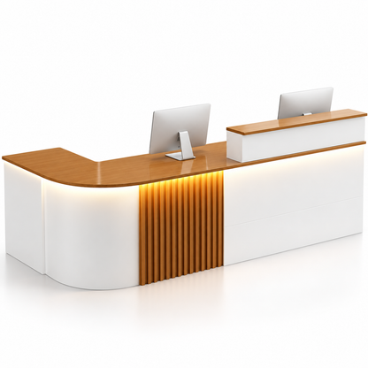 Large L-Shaped Reception Counter with Curved Return and LED Lighting — White + Dark Teak, Left Type