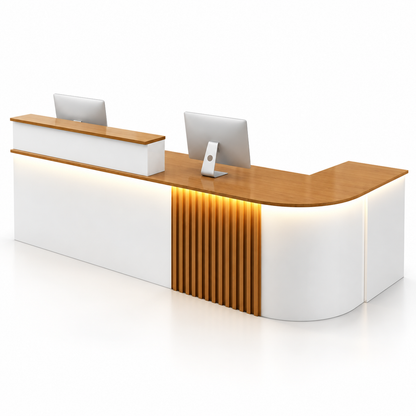 Large L-Shaped Reception Counter with Curved Return and LED Lighting — White + Dark Teak, Right Type