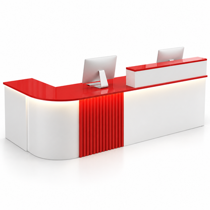 Large L-Shaped Reception Counter with Curved Return and LED Lighting — White + Red, Left Type
