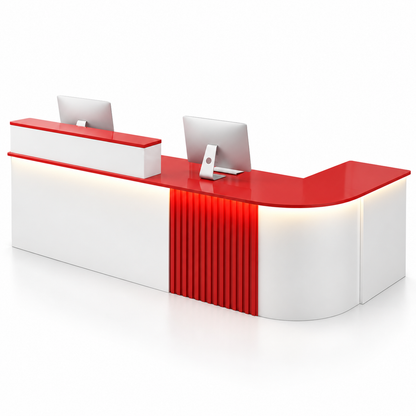 Large L-Shaped Reception Counter with Curved Return and LED Lighting — White + Red, Right Type