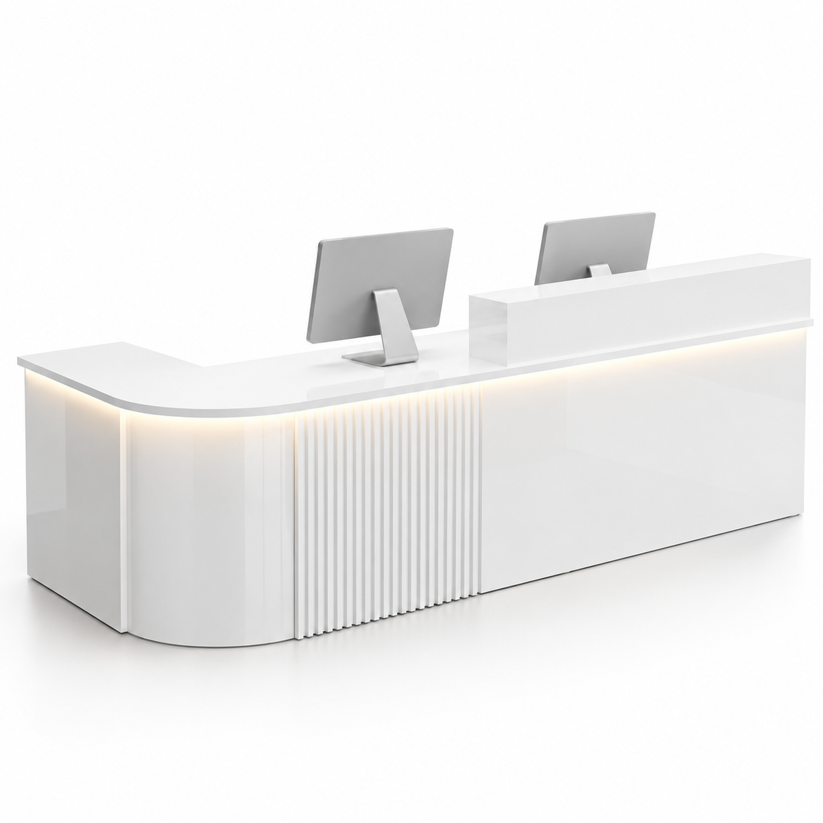 Large L-Shaped Reception Counter with Curved Return and LED Lighting — All White, Left Type