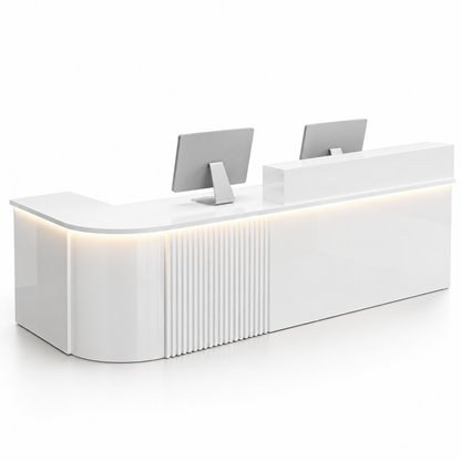 Large L-Shaped Reception Counter with Curved Return and LED Lighting — All White, Left Type