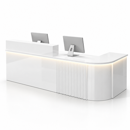 Large L-Shaped Reception Counter with Curved Return and LED Lighting — All White, Right Type